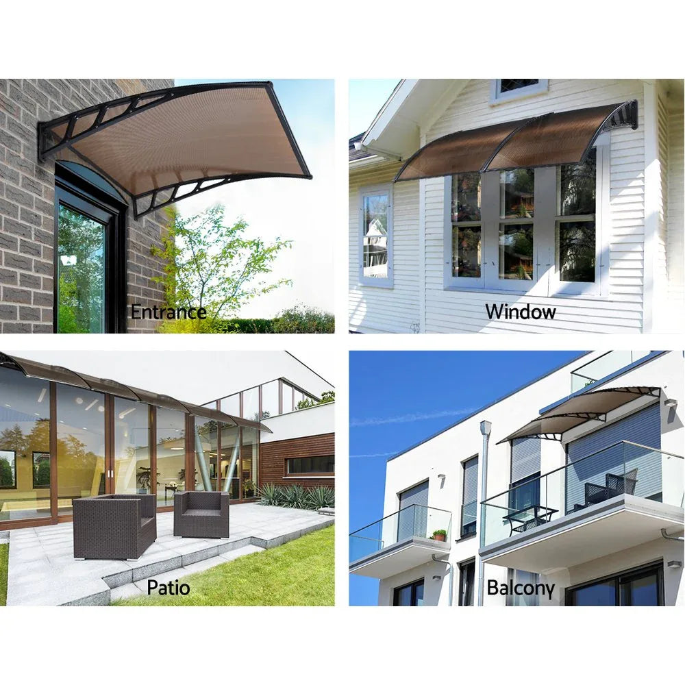 Instahut Window Door Awning Canopy 1.5mx3m Brown Sheet Black Plastic Frame - Mekamart Australia