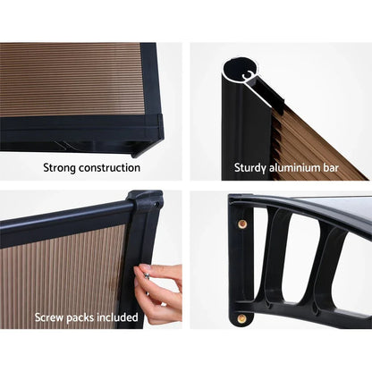 Instahut Window Door Awning Canopy 1.5mx3m Brown Sheet Black Plastic Frame - Mekamart Australia