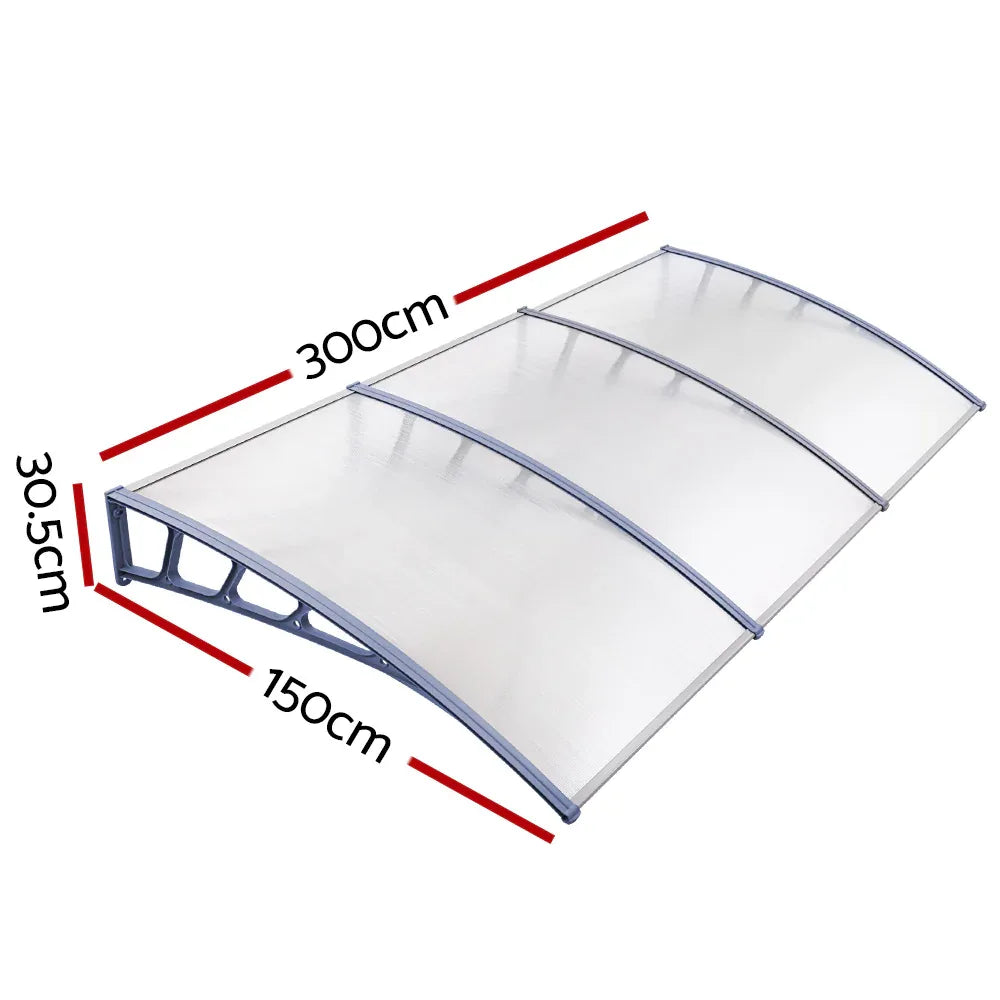 Instahut Window Door Awning Canopy 1.5mx3m Transparent Sheet Grey Plastic Frame - Mekamart Australia
