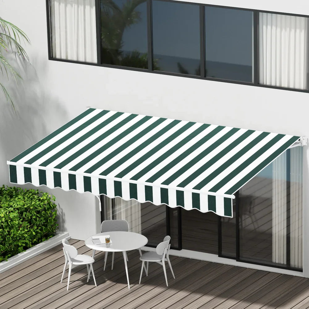 Instahut Retractable Folding Arm Awning Manual Sunshade 3Mx2.5M Green White - Mekamart Australia
