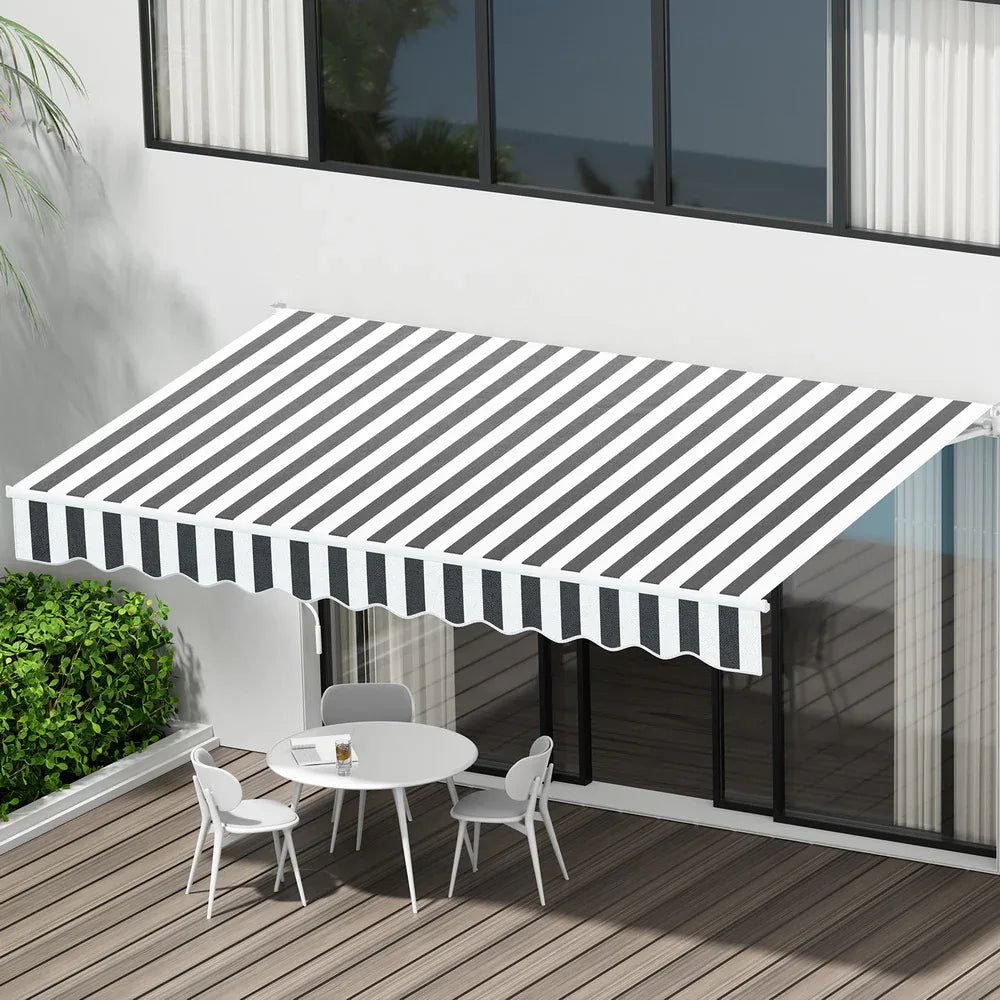 Instahut Retractable Folding Arm Awning Manual Sunshade 4Mx3M Grey White - Mekamart Australia