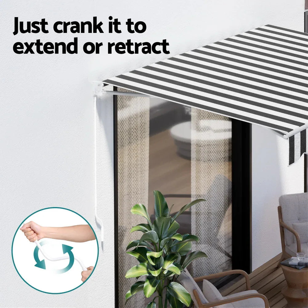 Instahut Retractable Folding Arm Awning Manual Sunshade 4Mx3M Grey White - Mekamart Australia