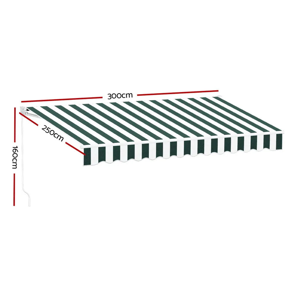 Instahut Retractable Folding Arm Awning Motorised Sunshade 3Mx2.5M Green White - Mekamart Australia