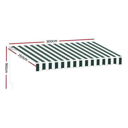 Instahut Retractable Folding Arm Awning Motorised Sunshade 3Mx2.5M Green White - Mekamart Australia