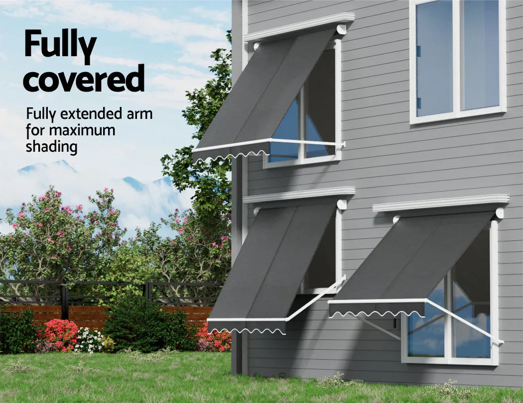 Instahut Retractable Fixed Pivot Arm Window Awning Outdoor Blinds 2.1X2.1M Grey - Mekamart Australia