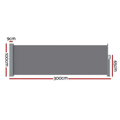 Instahut Side Awning Sun Shade Outdoor Blinds Retractable Screen 1X3M Grey - Mekamart Australia