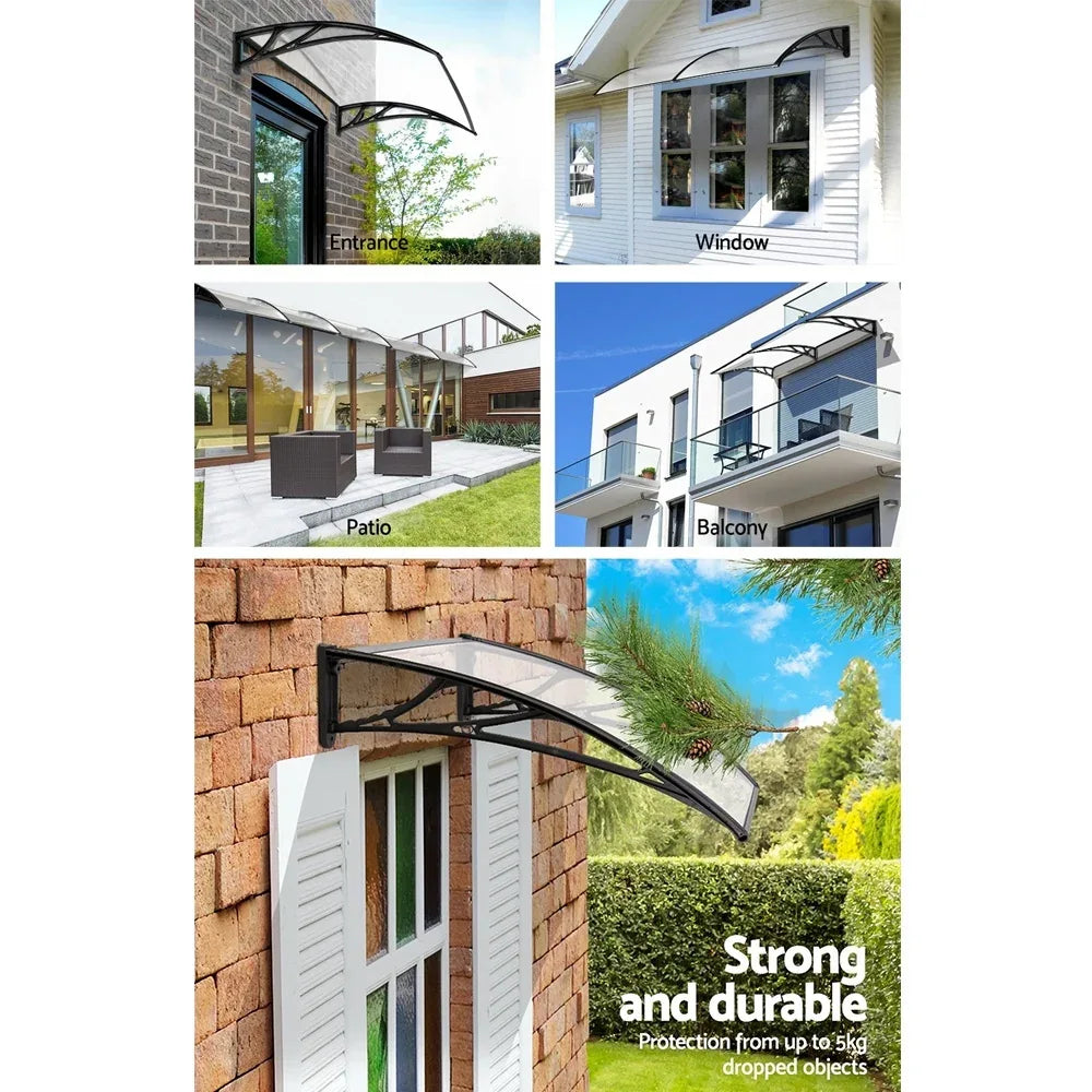 Instahut Window Awning Door Canopy 1m x 4m Transparent Sheet Black Plastic Frame - Mekamart Australia