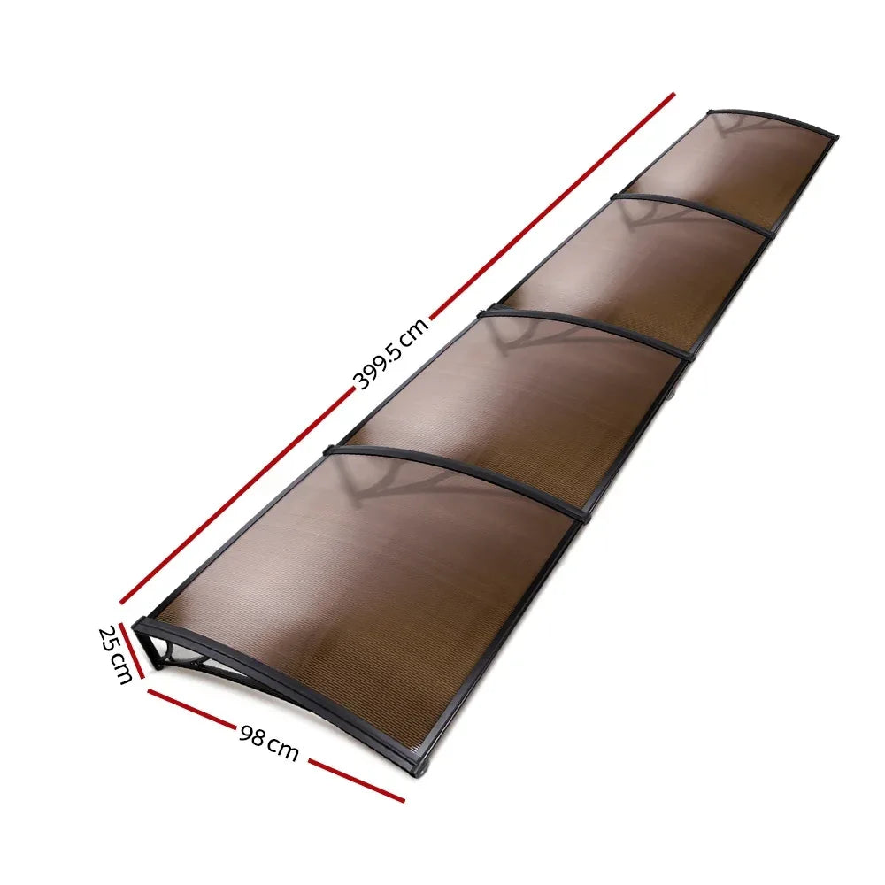 Instahut Window Awning Door Canopy 1m x 4m Brown Sheet Black Plastic Frame - Mekamart Australia