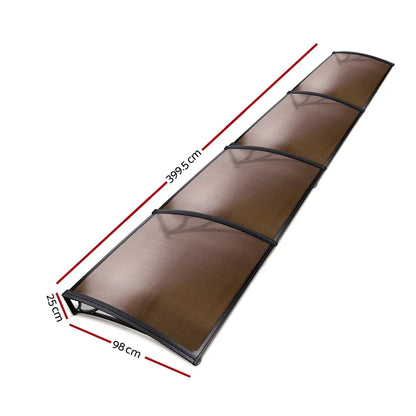Instahut Window Awning Door Canopy 1m x 4m Brown Sheet Black Plastic Frame - Mekamart Australia