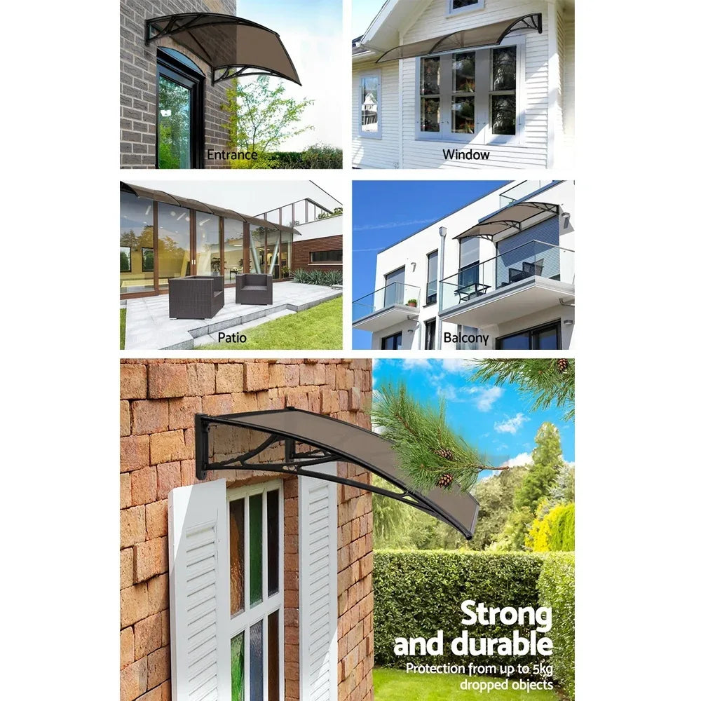 Instahut Window Awning Door Canopy 1m x 4m Brown Sheet Black Plastic Frame - Mekamart Australia
