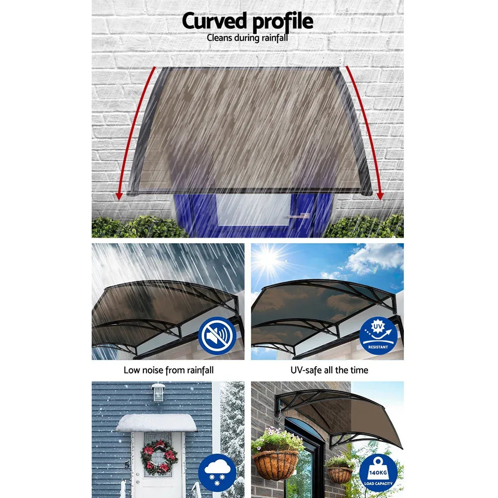 Instahut Window Awning Door Canopy 1m x 4m Brown Sheet Black Plastic Frame - Mekamart Australia
