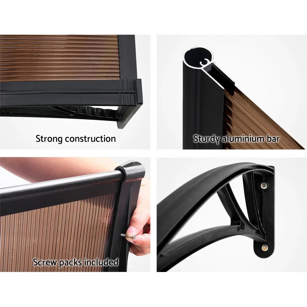 Instahut Window Awning Door Canopy 1m x 4m Brown Sheet Black Plastic Frame - Mekamart Australia