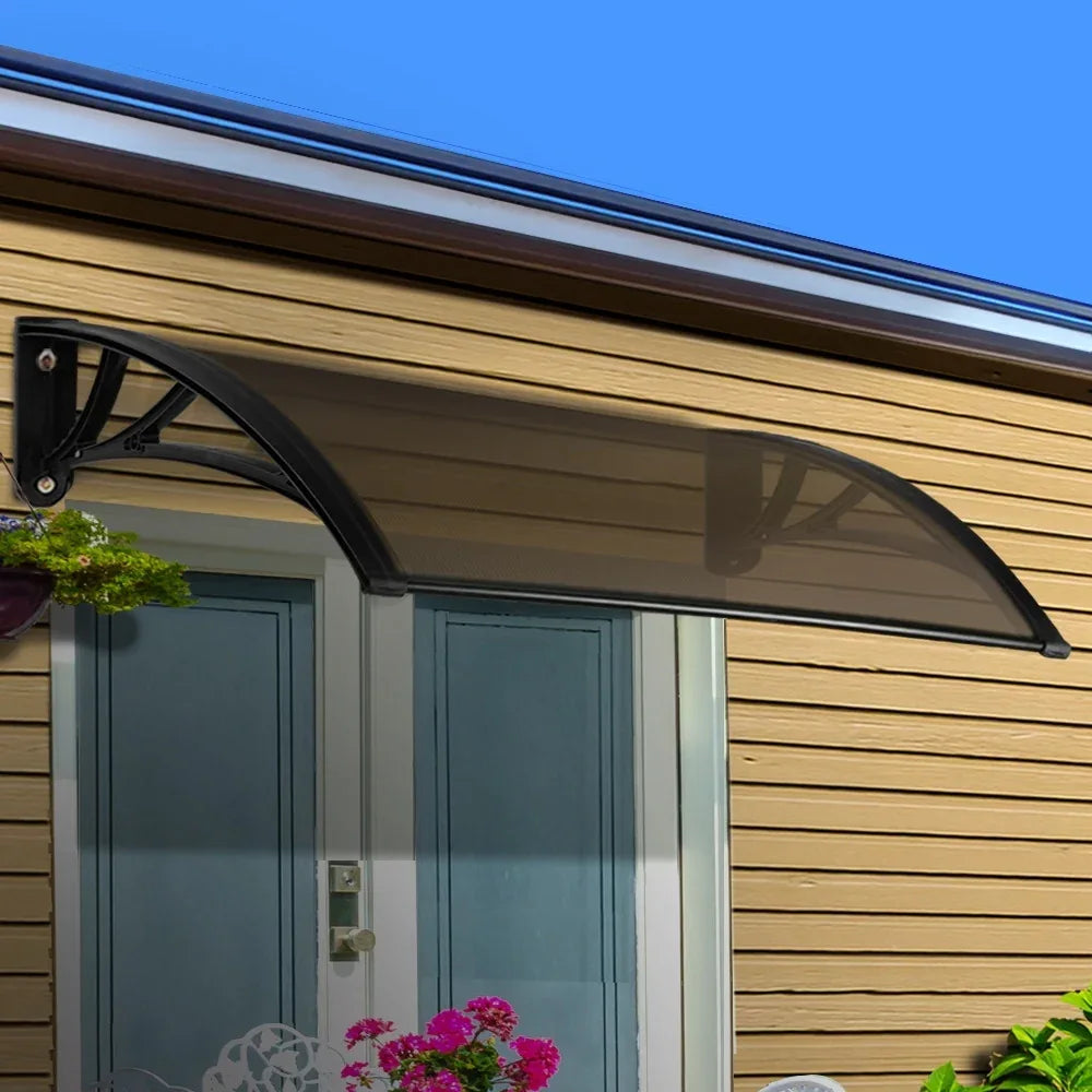 Instahut Window Awning Door Canopy 1m x 4m Brown Sheet Black Plastic Frame - Mekamart Australia