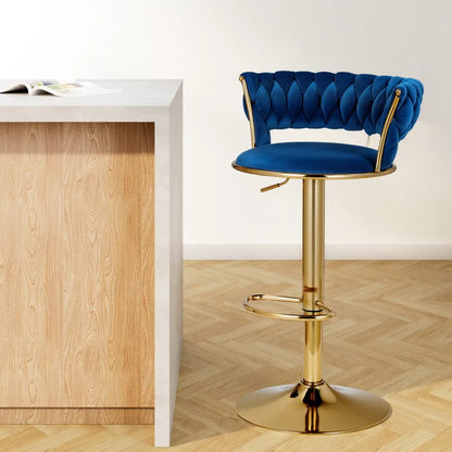 Artiss Bar Stools Gas Lift Velvet Woven Backrest Navy - Mekamart Australia
