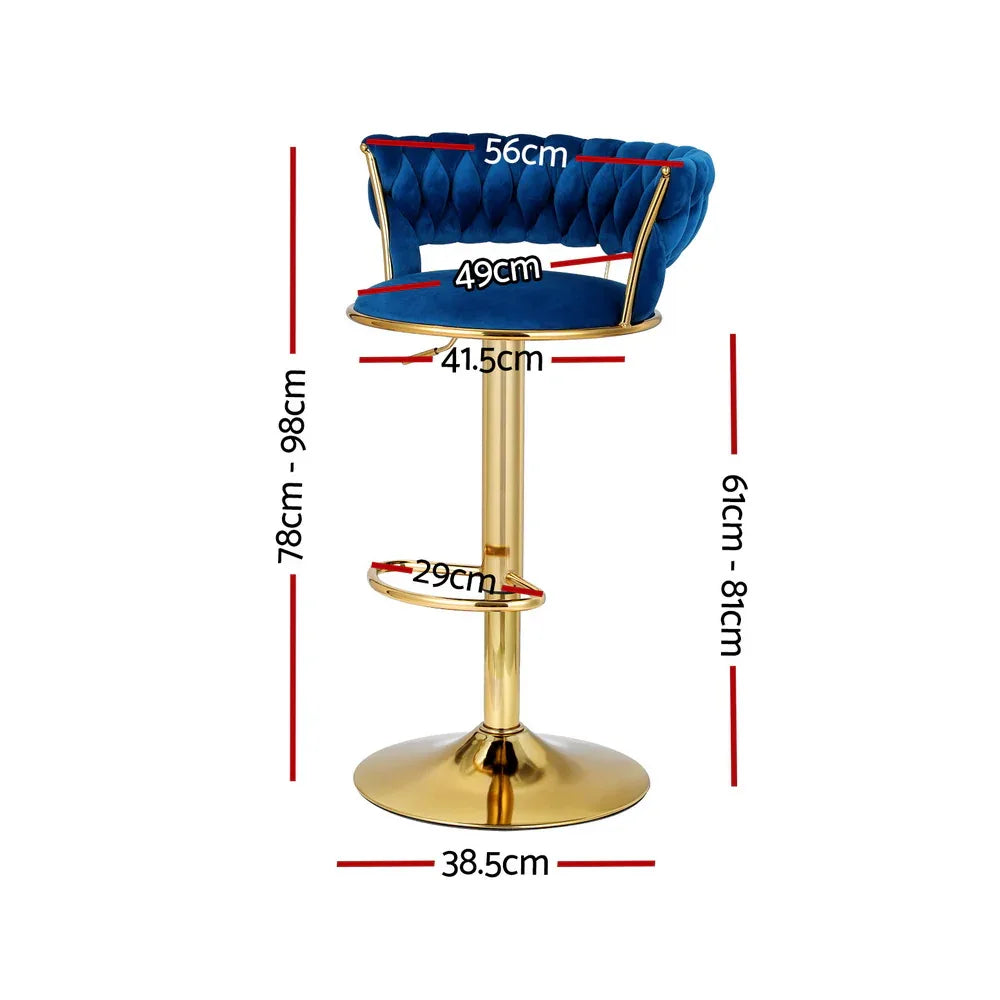 Artiss Bar Stools Gas Lift Velvet Woven Backrest Navy - Mekamart Australia