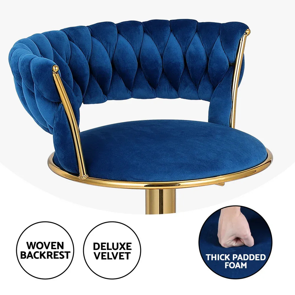 Artiss Bar Stools Gas Lift Velvet Woven Backrest Navy - Mekamart Australia