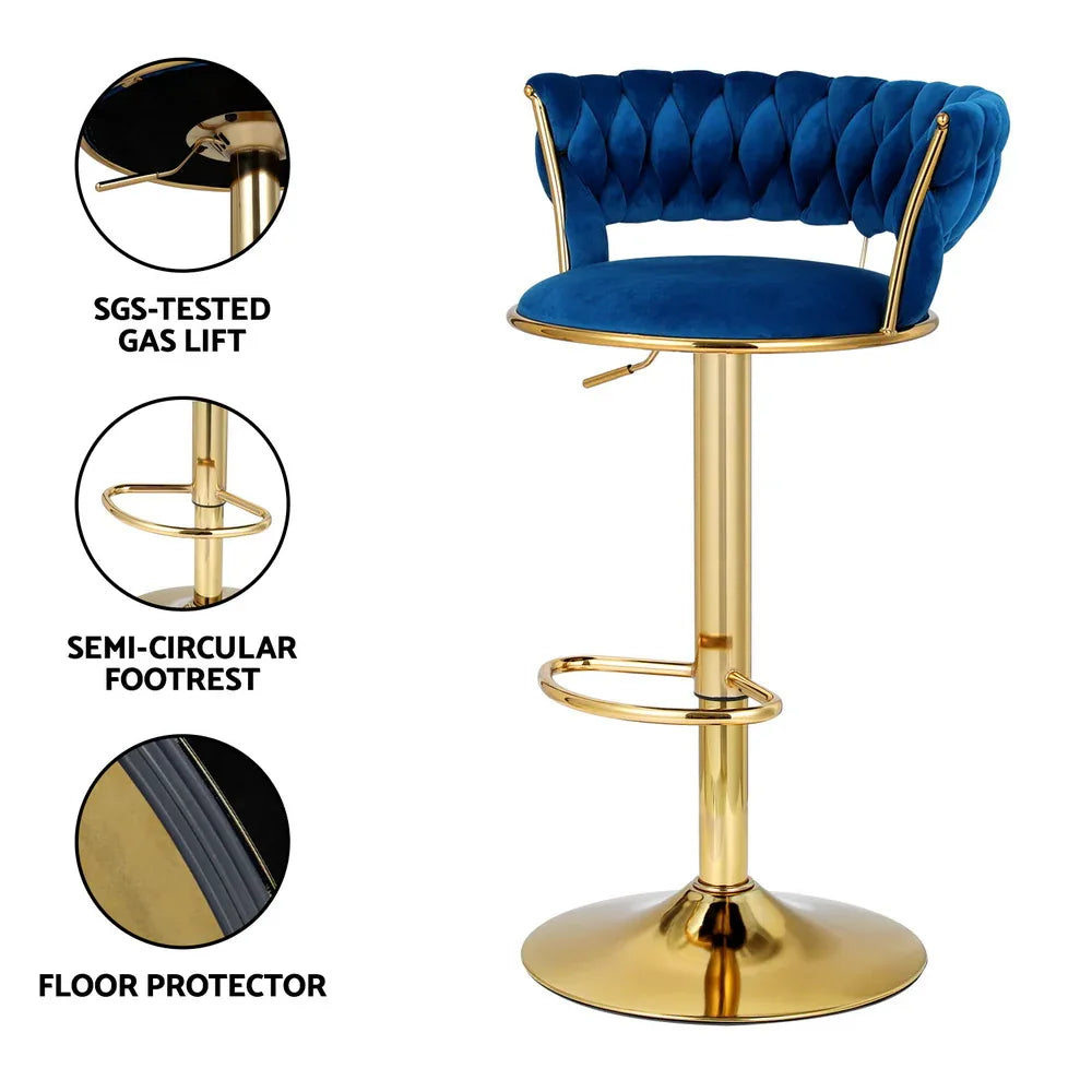 Artiss Bar Stools Gas Lift Velvet Woven Backrest Navy - Mekamart Australia