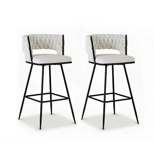 Artiss 2x Bar Stools Kitchen Dining Chair Counter Stool Woven Velvet Metal Ivory - Mekamart Australia