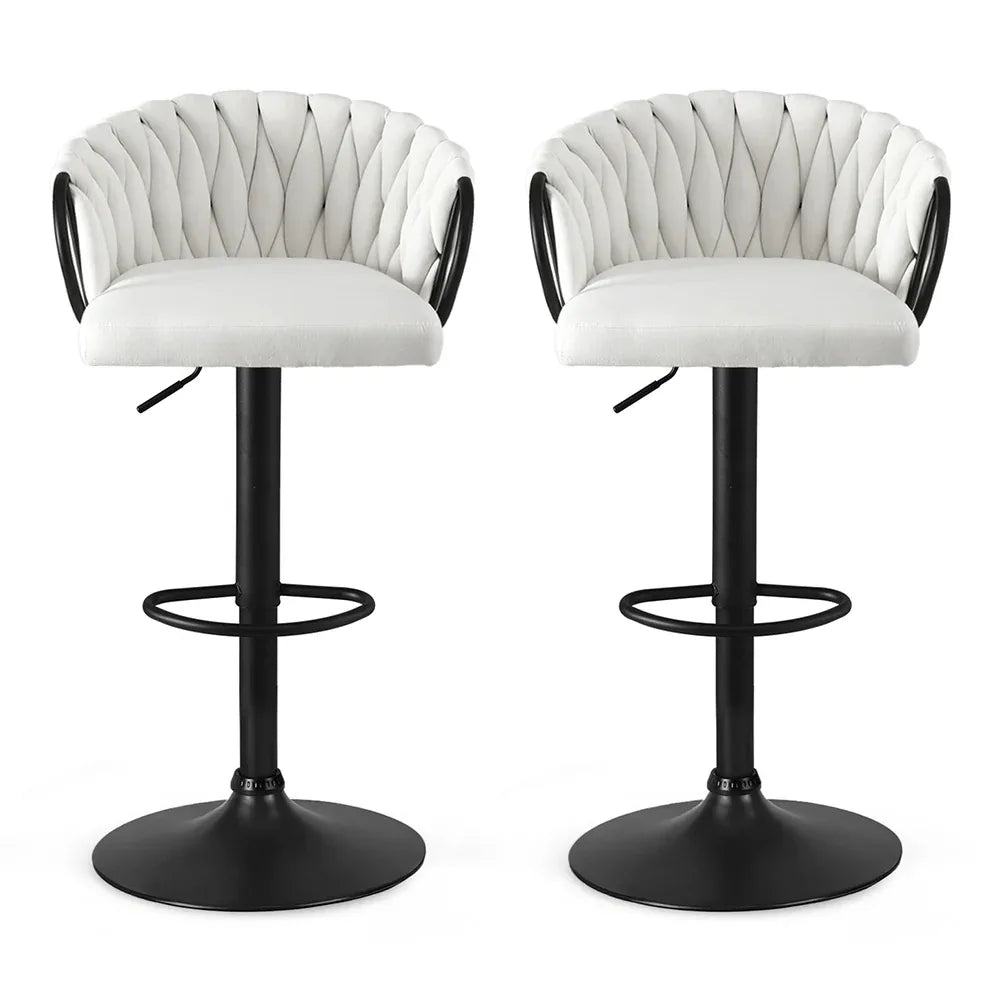 Artiss Bar Stool x2 Kitchen Dining Chair Counter Gaslift Woven Velvet Ivory - Mekamart Australia