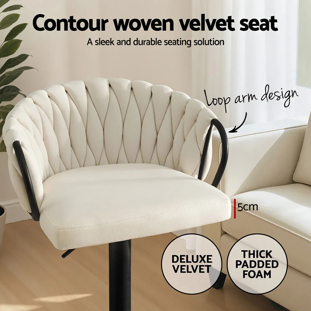 Artiss Bar Stool x2 Kitchen Dining Chair Counter Gaslift Woven Velvet Ivory - Mekamart Australia