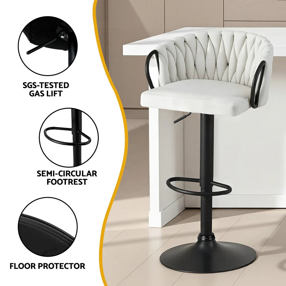 Artiss Bar Stool x2 Kitchen Dining Chair Counter Gaslift Woven Velvet Ivory - Mekamart Australia
