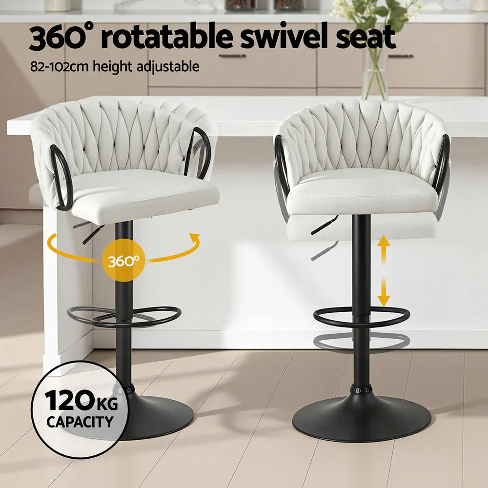 Artiss Bar Stool x4 Kitchen Dining Chair Counter Gaslift Woven Velvet Ivory - Mekamart Australia