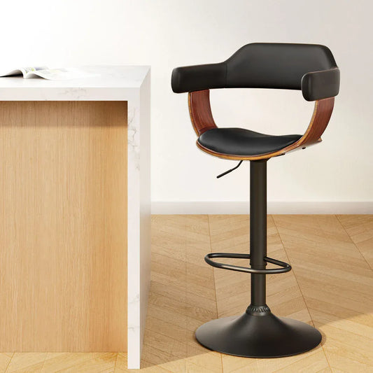 Artiss Bar Stools Gas Lift Leather w/Armrest All Black - Mekamart Australia