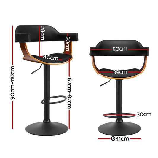 Artiss 4x Bar Stools Gas Lift Leather w/Armrest All Black - Mekamart Australia