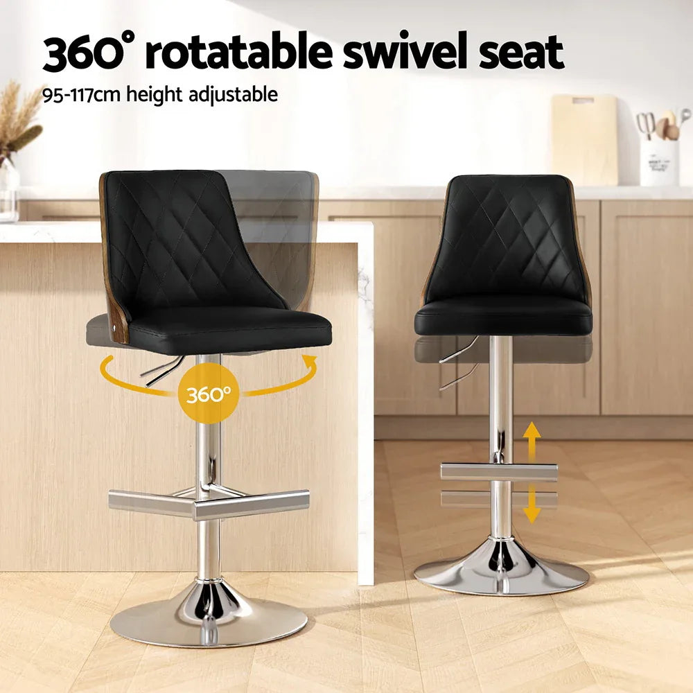 Artiss 2X Bar Stool Wood Swivel Adjustable Kitchen Counter Stool Leather Black - Mekamart Australia