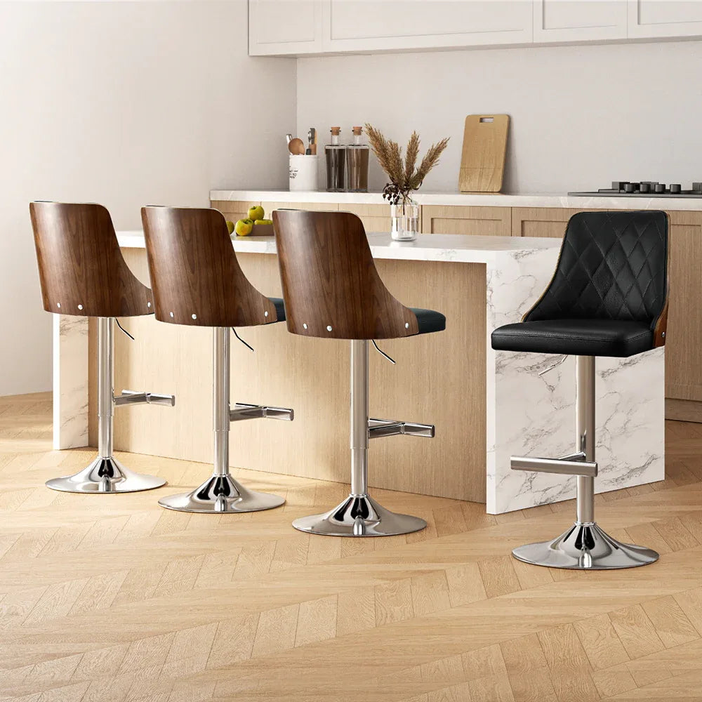 Artiss 4X Bar Stool Wood Swivel Adjustable Kitchen Counter Stool Leather Black - Mekamart Australia