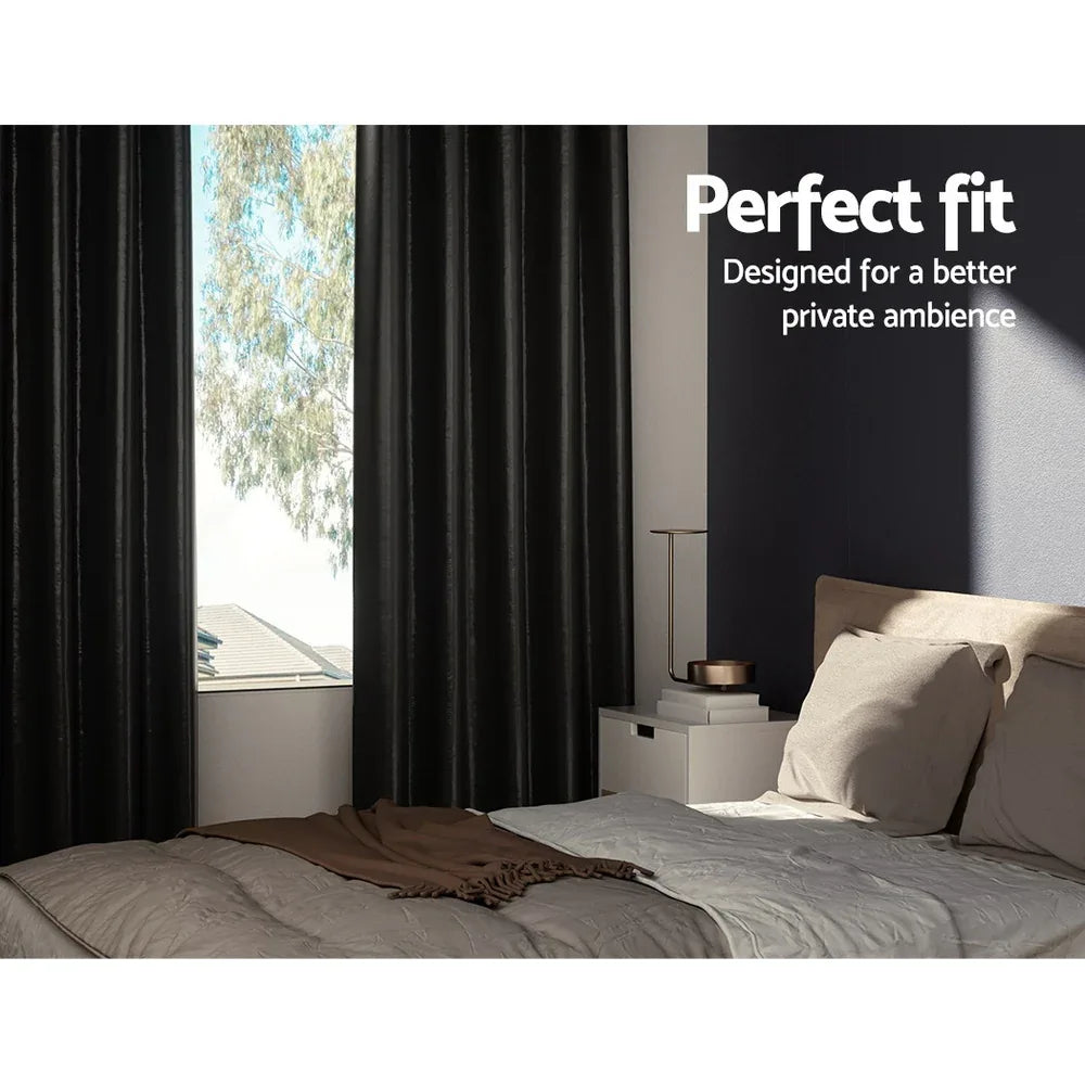 Artiss 2X Blockout Curtains Eyelet 140x230cm Black Shine - Mekamart Australia