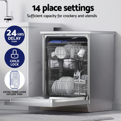 Devanti 60cm 14 Place Settings Freestanding Dishwasher Silver - Mekamart Australia