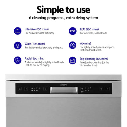 Devanti 60cm 14 Place Settings Freestanding Dishwasher Silver - Mekamart Australia