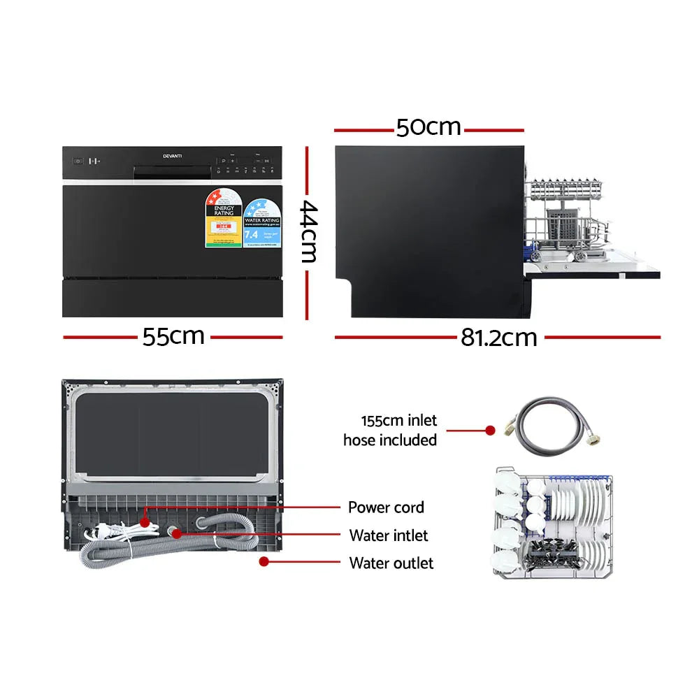 Devanti 6 Place Settings Benchtop Dishwasher Black - Mekamart Australia