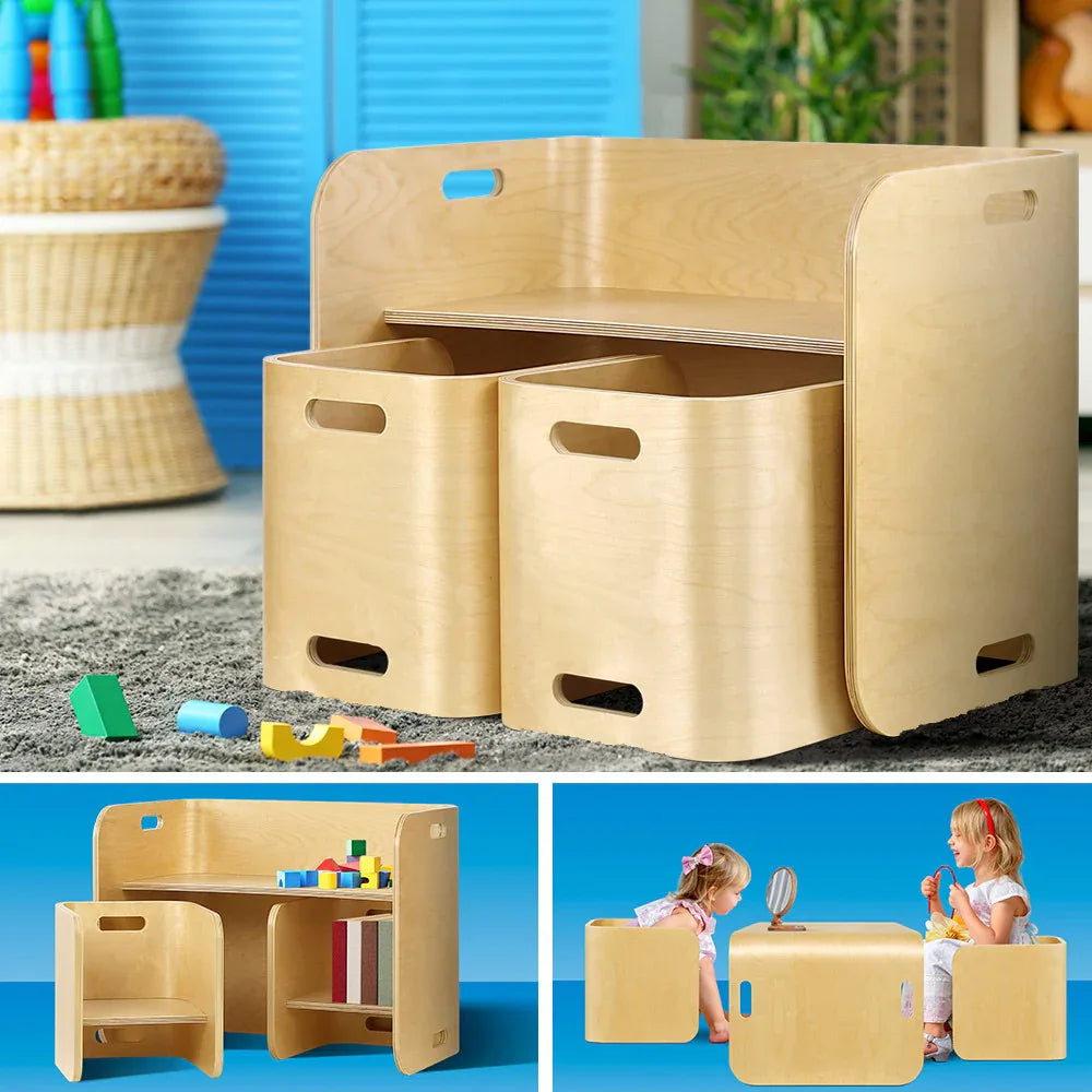 Keezi 3PCS Kids Table and Chairs Set Multifunctional Storage Desk - Mekamart Australia