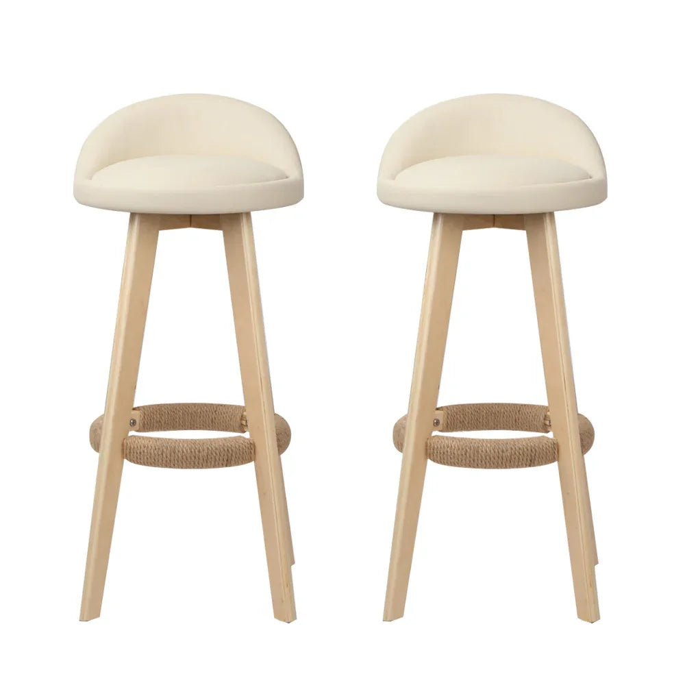 Artiss 2x Bar Stools Padded Leather Wooden Beige - Mekamart Australia