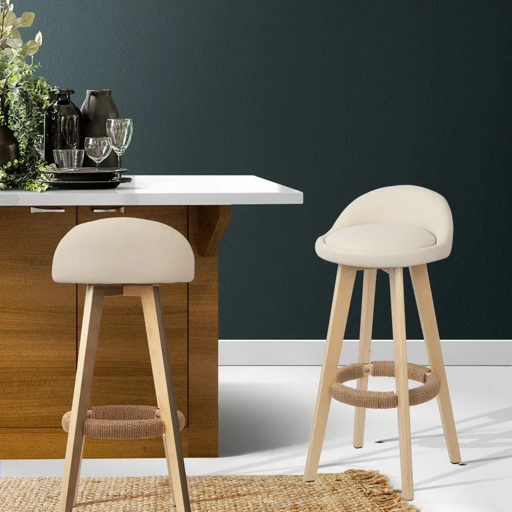 Artiss 2x Bar Stools Padded Leather Wooden Beige - Mekamart Australia