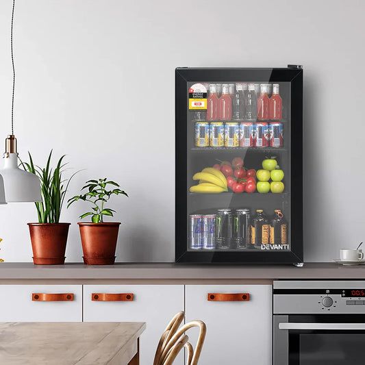 Devanti 70L Bar Fridge Glass Door w/Light Black - Mekamart Australia