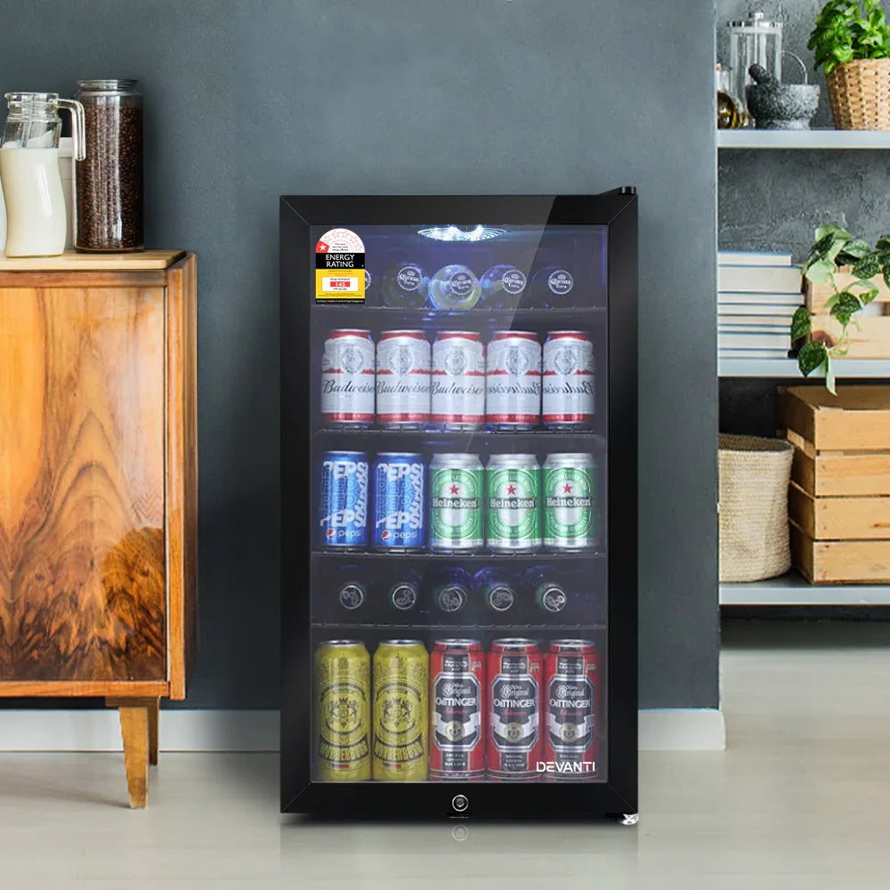Devanti 98L Bar Fridge Glass Door Mini Fridges Freezer Black - Mekamart Australia