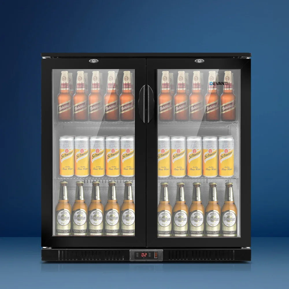 Devanti 198L Bar Fridge Dual Glass Door w/Light Black - Mekamart Australia