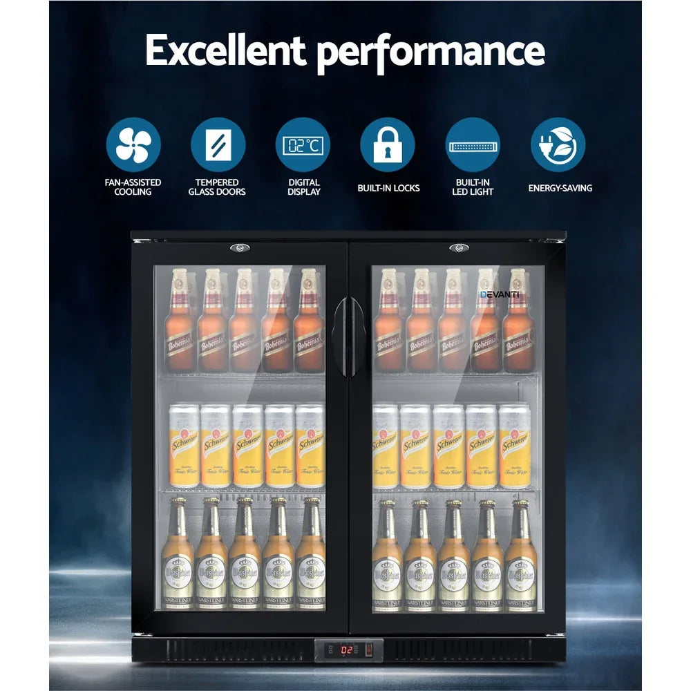 Devanti 198L Bar Fridge Dual Glass Door w/Light Black - Mekamart Australia