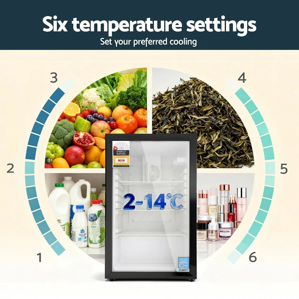 Devanti 105L Bar Fridge Glass Door Mini Fridge Countertop Cooler Black - Mekamart Australia