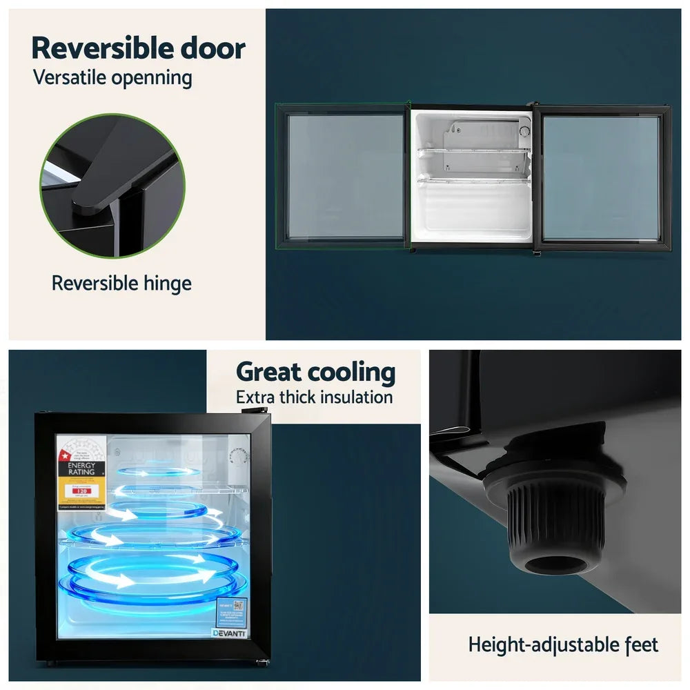 Devanti 40L Bar Fridge Glass Door Mini Fridge Countertop Cooler Black - Mekamart Australia