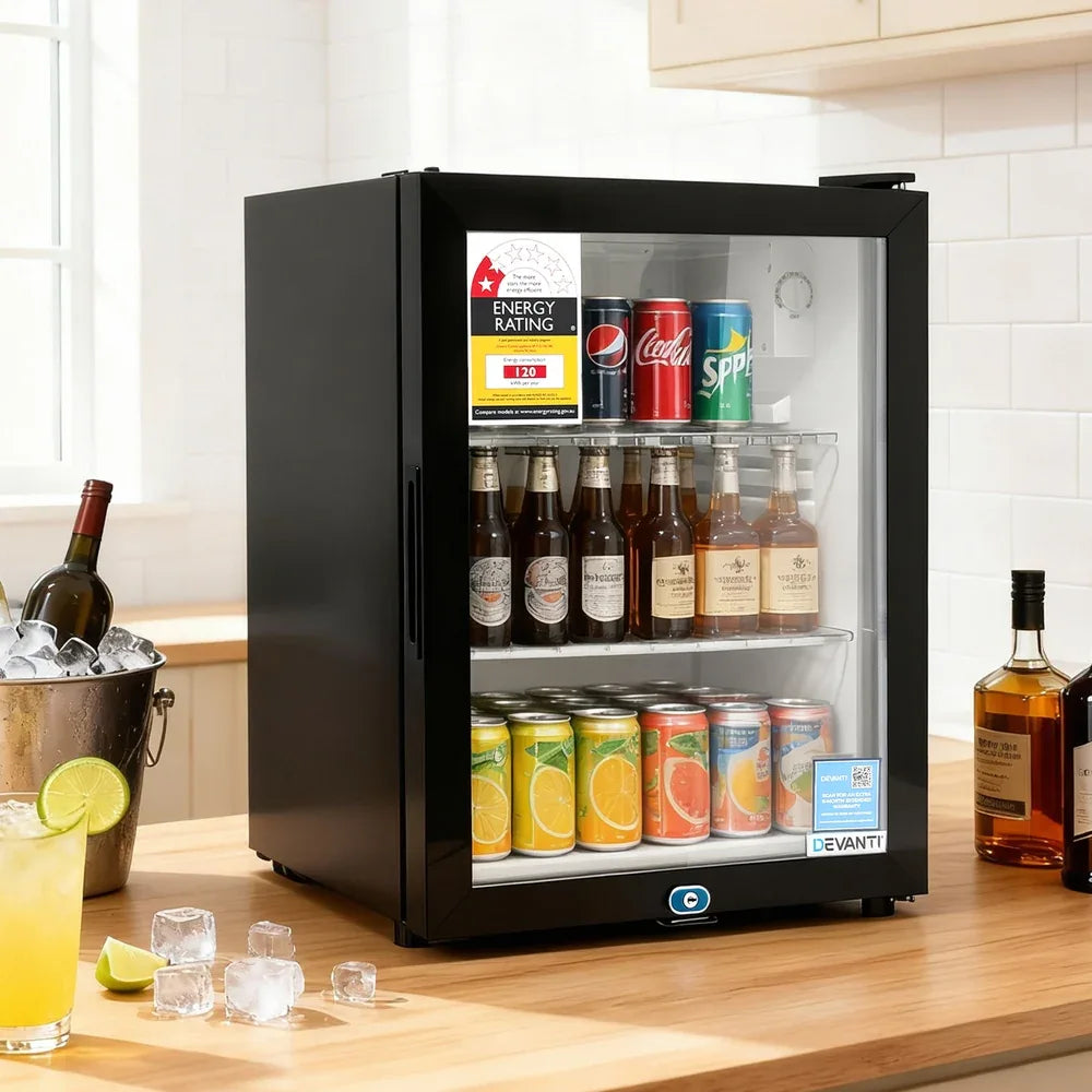 Devanti 56L Bar Fridge Glass Door Mini Fridge Countertop Cooler Black - Mekamart Australia