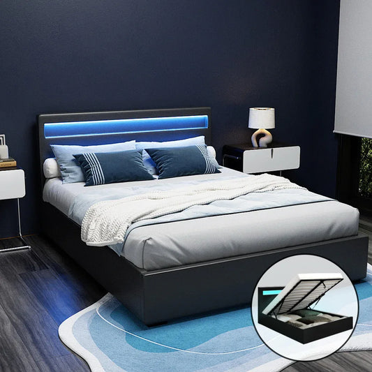 Artiss Bed Frame Queen Size LED Gas Lift Black COLE - Mekamart Australia