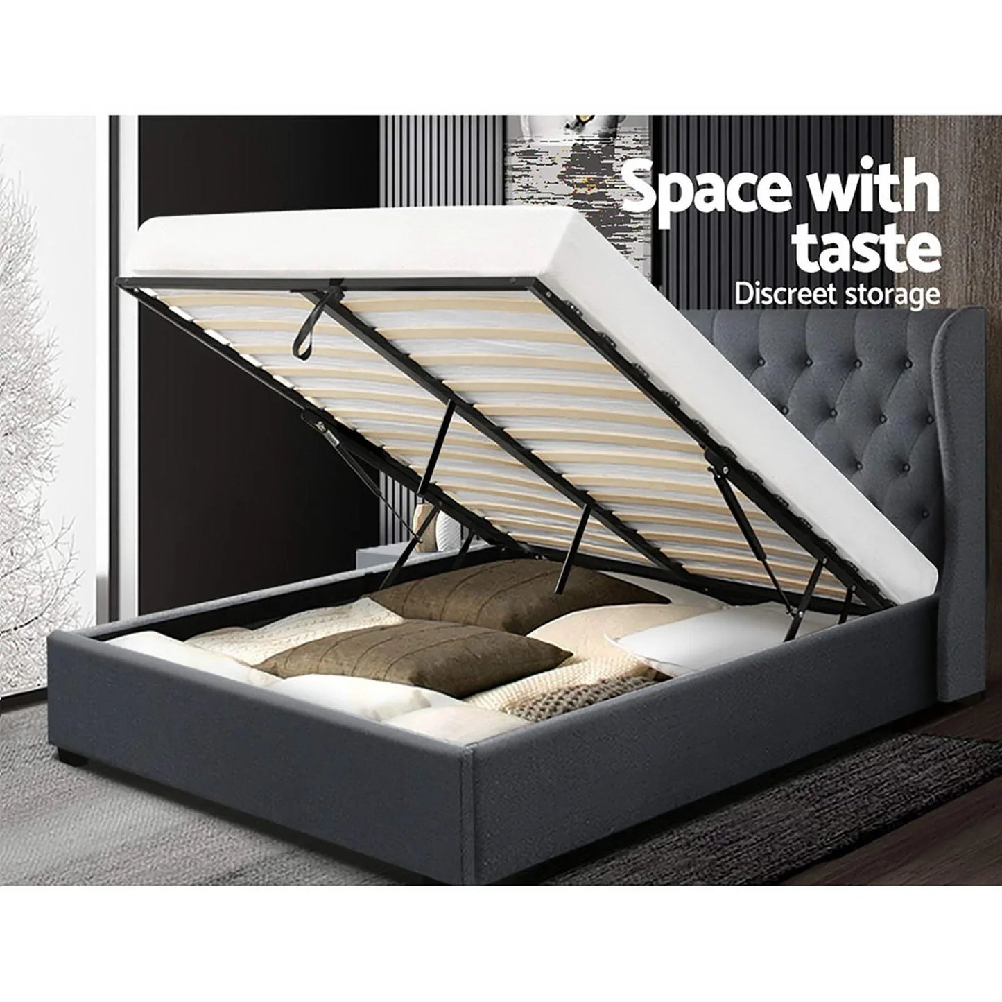 Artiss Bed Frame Queen Size Gas Lift Charcoal ISSA - Mekamart Australia