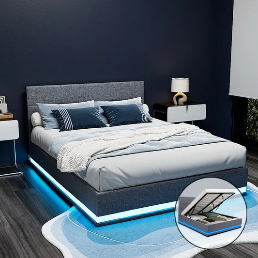 Artiss Bed Frame Queen Size LED Gas Lift Grey LUMI - Mekamart Australia