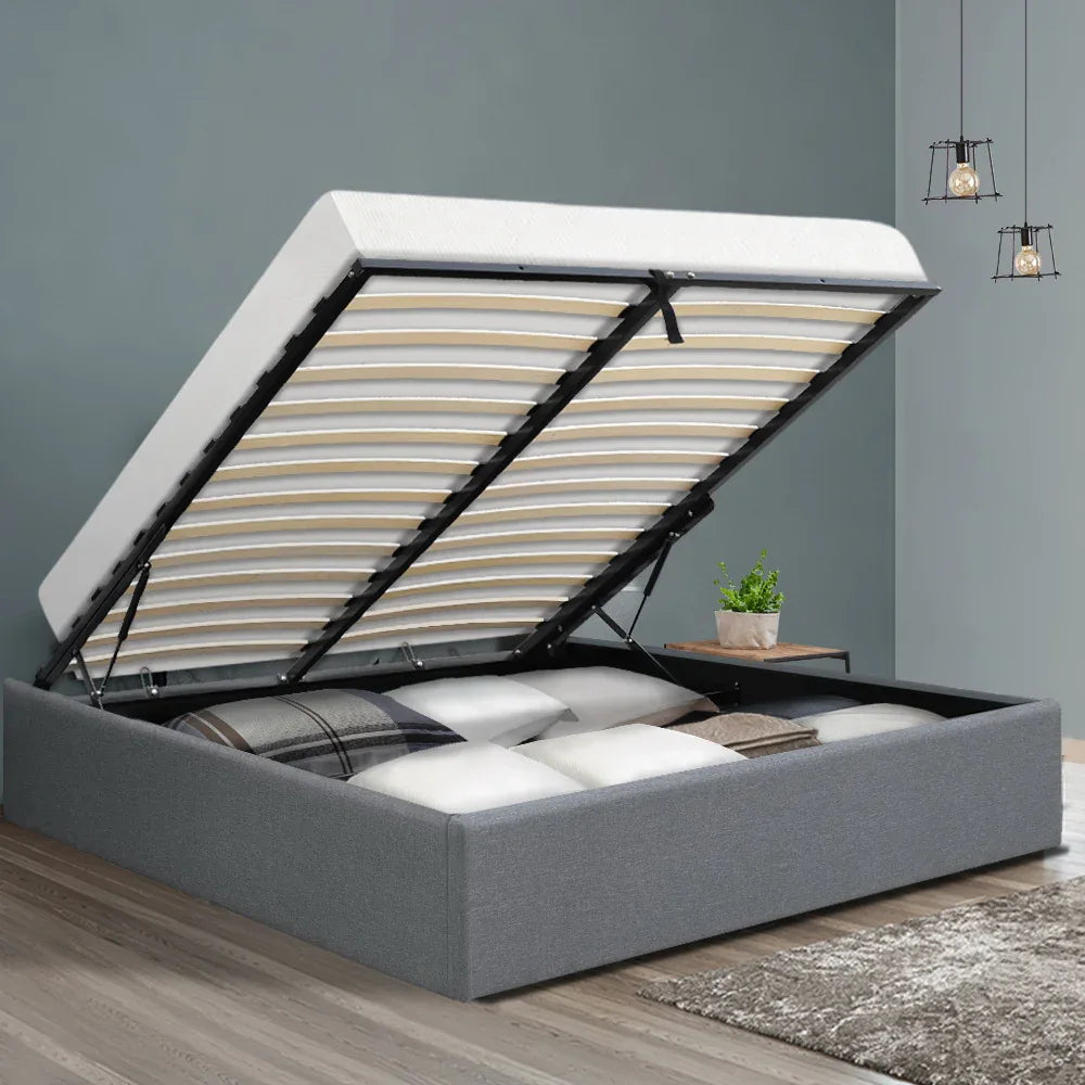 Artiss Bed Frame Queen Size Gas Lift Base Grey TOKI - Mekamart Australia