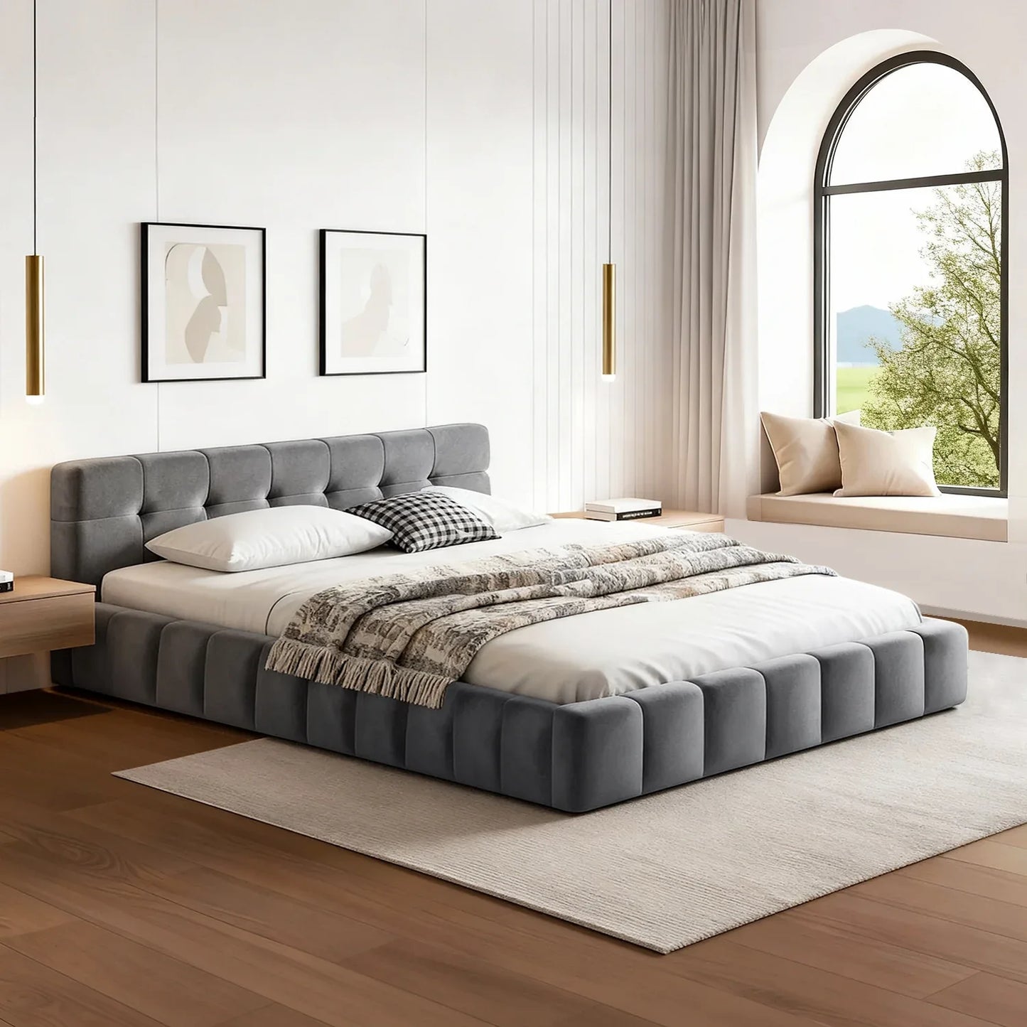 Artiss Double Size Bed Frame Plush Soft Headboard Velvet Platform Base for Modern Bedrooms Grey - Mekamart Australia