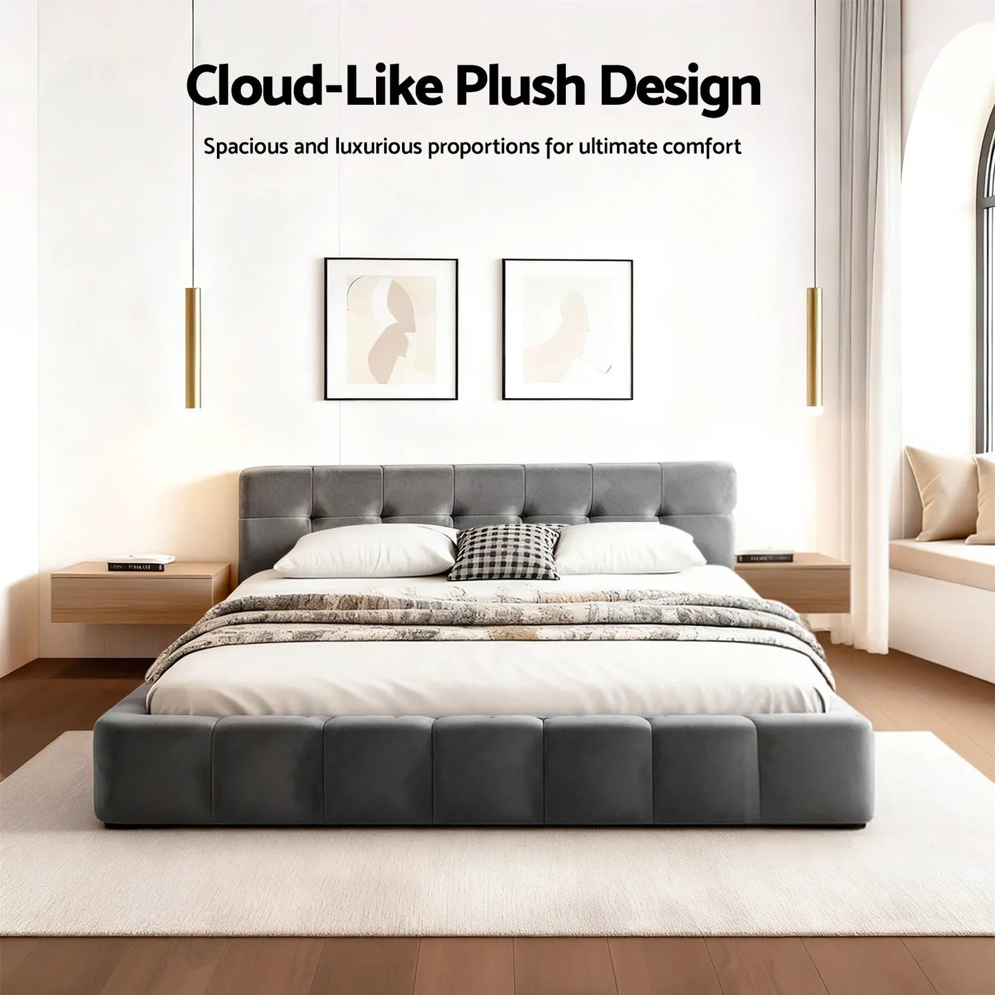 Artiss Double Size Bed Frame Plush Soft Headboard Velvet Platform Base for Modern Bedrooms Grey - Mekamart Australia